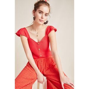 Pink Anthropologie Ribbed Button Trim Flutter Sleeve Sweater Knit Tank Top (NWT)